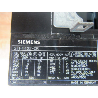 Siemens 3TF4422-0B Contactor 3TF4220B - Used