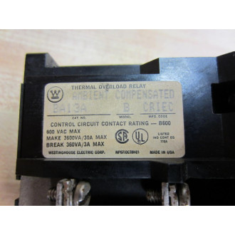 Westinghouse BA13A Overload Relay Model B Missing Terminal Screw - Used