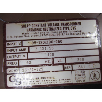 Sola 23-22-125 Constant Voltage Transformer 2322125 - Used