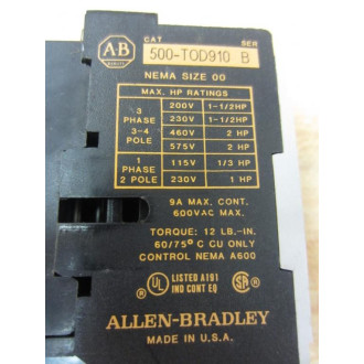 Allen Bradley 500-TOD910 Contactor 500TOD910 Series B