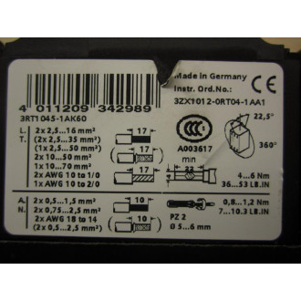 Siemens 3RT1045-1AK60 Contactor 3RT10451AK60 W 3RT1936-1CC00 - Used