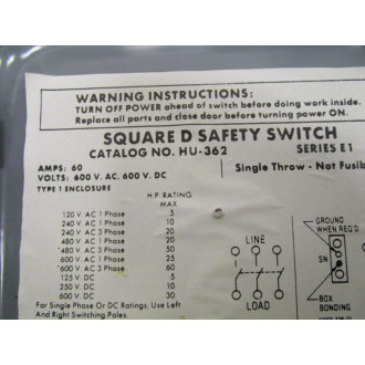 Square D HU-362 Safety Switch - Used