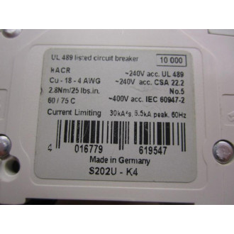 Asea Brown Broveri S-202-U-K4A ABB Circuit Breaker S202UK4 - Used