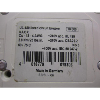 Asea Brown Broveri S-203-U-K6 ABB Circuit Breaker - Used