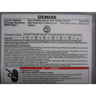 Siemens HNF361 Safety Switch Non-Fused - Used