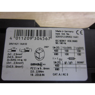 Siemens 3RV1421-1AA10 Manual Motor Controller 3RV14211AA10 - Used