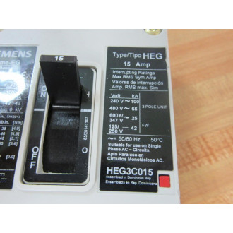 Siemens HEG3C015 15A Circuit Breaker HEG3C015L - Used