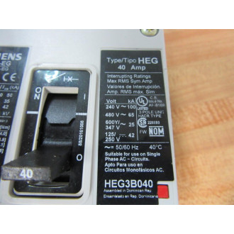 Siemens HEG3B040 40A Circuit Breaker HEG3B040L - Used