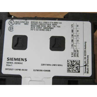 Siemens 3RT2027-1AP60-0UA0 Contactor 3RT20271AP600UA0 - New No Box