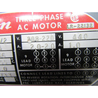 Dayton 2N865N AC Motor HP12 RPM 17251425 - Used