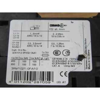 Siemens 3RV1021-0FA10 Motor Control Starter Protector 3RV10210FA10 - Used