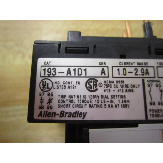 Allen Bradley 193-A1D1 Overload Relay 193A1D1 Series A 1.0-2.9A - Used