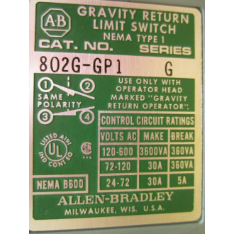 Allen Bradley 802G-GP1 Gravity Return Limit Switch 802GGP1 Series G - Used