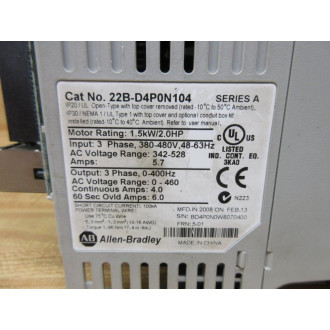 Allen Bradley 22B-D4P0N104 Powerflex 40 AC Drive 22BD4P0N104 WO Cover - Used