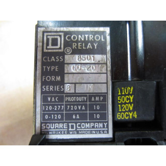 Square D 8501-GO-20 Control Relay 8501-G0-20 - Used