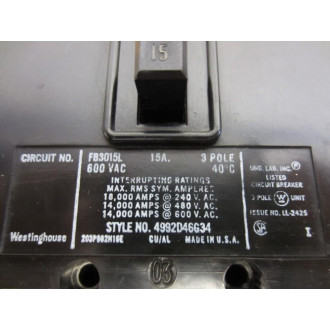 Cutler Hammer FB3015L Westinghouse 15A Circuit Breaker - Used