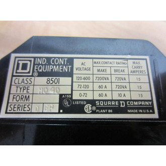 Square D 8501-HO-40 Control Relay 8501-H0-40 Series D - New No Box