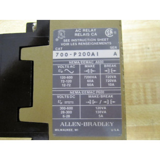 Allen Bradley 700-P200A1 Control Relay 700P200A1 Series D