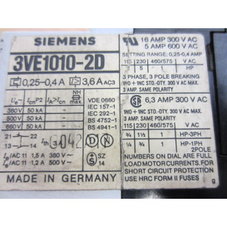 Siemens 3VE1-010-2D Starter Protector 3VE10102D 0.25-0.4 A - Used
