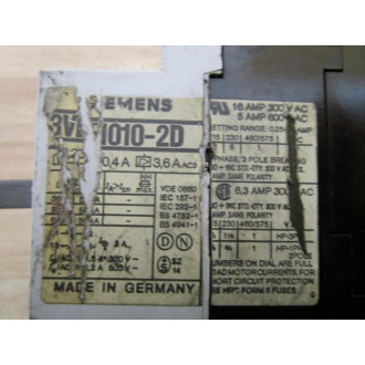 Siemens 3VE1-010-2D Starter Protector 3VE10102D 0.25-0.4 A - Used