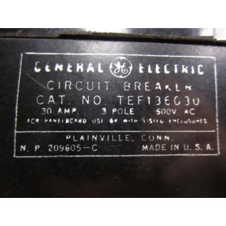 General Electric TEF136030 Circuit Breaker 3 Pole 30A 600V - Used