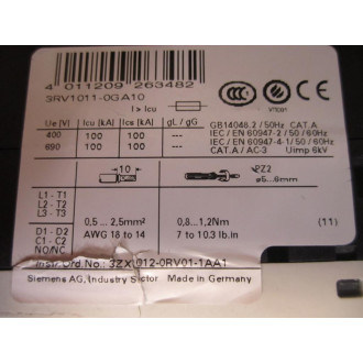 Siemens 3RV1011-0GA10 Motor Starter Protector 3RV10110GA10 - Used