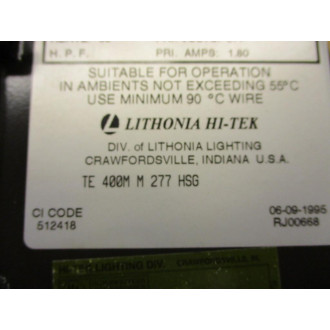 Lithoina Hi-Tek TE 400M 277 HSG HID Fixture TE 400M277HSG - Used