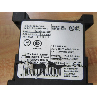 Siemens 3RH1140-1AK60 Control Relay 3RH11401AK60 - Used