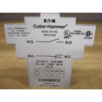 Cutler Hammer C320MSC3 Eaton Auxiliary Contact Series A1 - Used