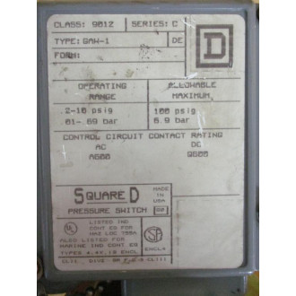 Square D 9012 GAW-1 Pressure Switch Ser. C - Used