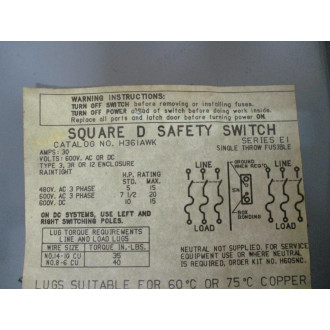 Square D H361AWK Disconnect Safety Switch Series E1 - Used