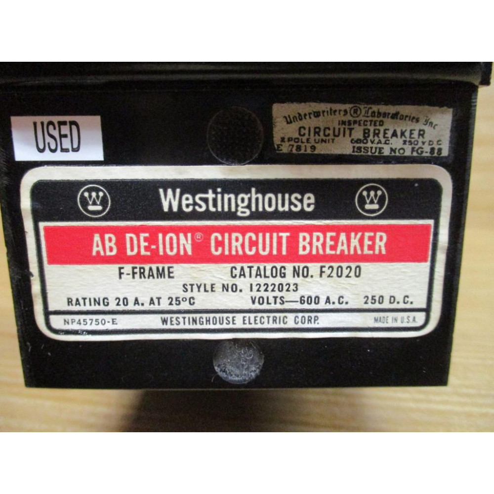 Westinghouse F2020 AB DE-ION Circuit Breaker 20 AMP - Used