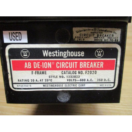Westinghouse F2020 AB DE-ION Circuit Breaker 20 AMP - Used