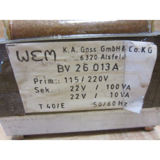 WEM BV 26 013A Transformer, Step-Down 115220V 5060 Hz BV26013A - Used