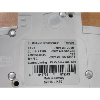 ABB S201U-K10 Circuit Breaker S201UK10 - Used
