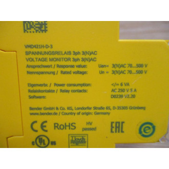 Bender VMD421H-D-3 Voltage Monitoring Relay - New No Box