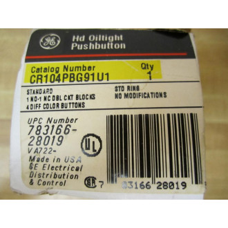 General Electric CR104PBG91U1 Push Button GE WContact Block