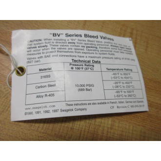 Swagelok SS-BVM2 Stainless Steel Bleed Valve SSBVM2