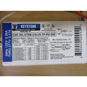 Keystone KTEB-218-UV-TP-DW Electronic Ballast KTEB218UVTPDW - New No Box
