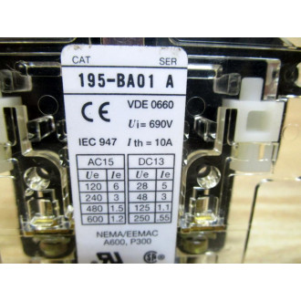 Allen Bradley 195-BA01 Auxiliary Contact For Contactor 195BA01 - New No Box