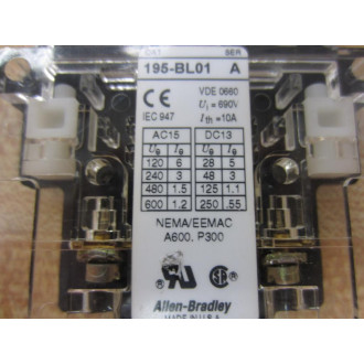 Allen Bradley 195-BL01 Auxiliary Contact 195BL01 Series A - New No Box