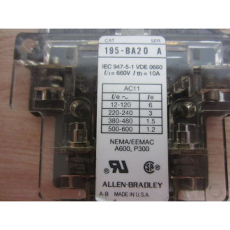 Allen Bradley 195-BA20 Auxiliary Contact 195BA20 - Used