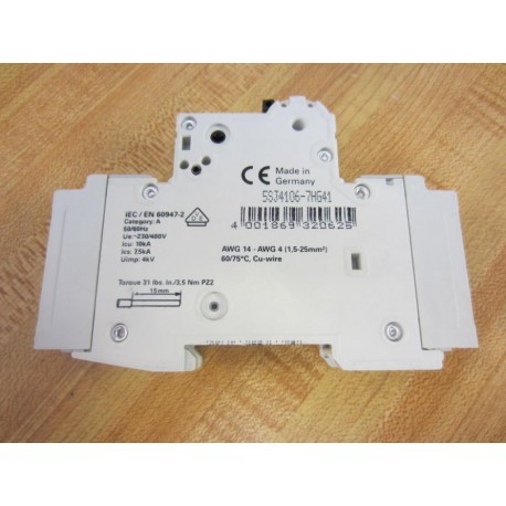 Siemens 5SJ4106-7HG41 6A Mini.Circuit Breaker 5SJ41067HG41 - Used