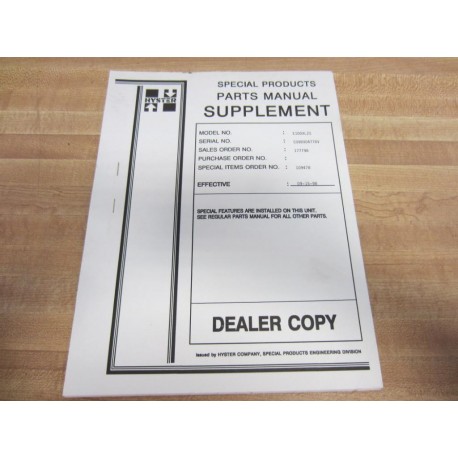 Hyster E100XL2S Special Products Parts Manual Dealer Copy Hy-E100XL2S - Used