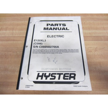 Hyster E120XL3 Parts Manual Electric 2002 Customer Edition Hy-E120XL3 - Used