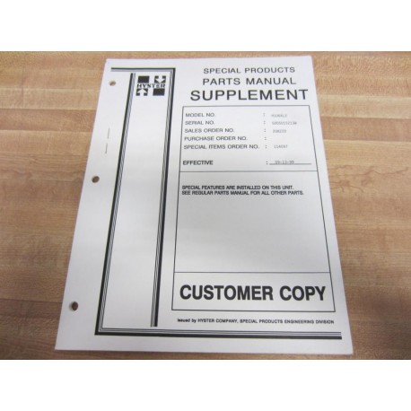 Hyster H100XL2 1999 Parts Manual Supplement Customer Copy Hy-H100XL2 - Used