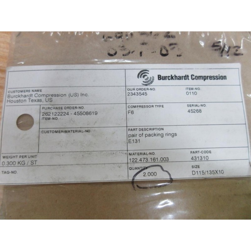 Burckhardt Compression 122.473.161.003 Packing Ring D115135X10 (Pack of ...