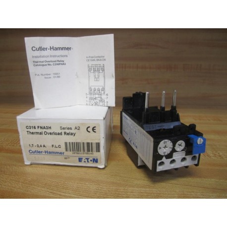 Cutler Hammer C316 FNA3H Eaton Overload Relay C316FNA3H 1.7 - 2.4A