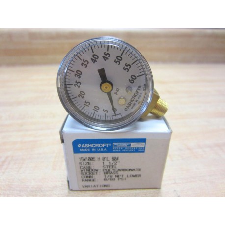 Ashcroft 15W1005 H 01L 60 Pressure Gauge 0-60 PSI 18" Brass 15W1005H01L60