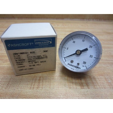 Ashcroft 20W1005SH 02B 30 Gauge 30PSI 2" Diam 14" NPT Back 20W1005SH02B30